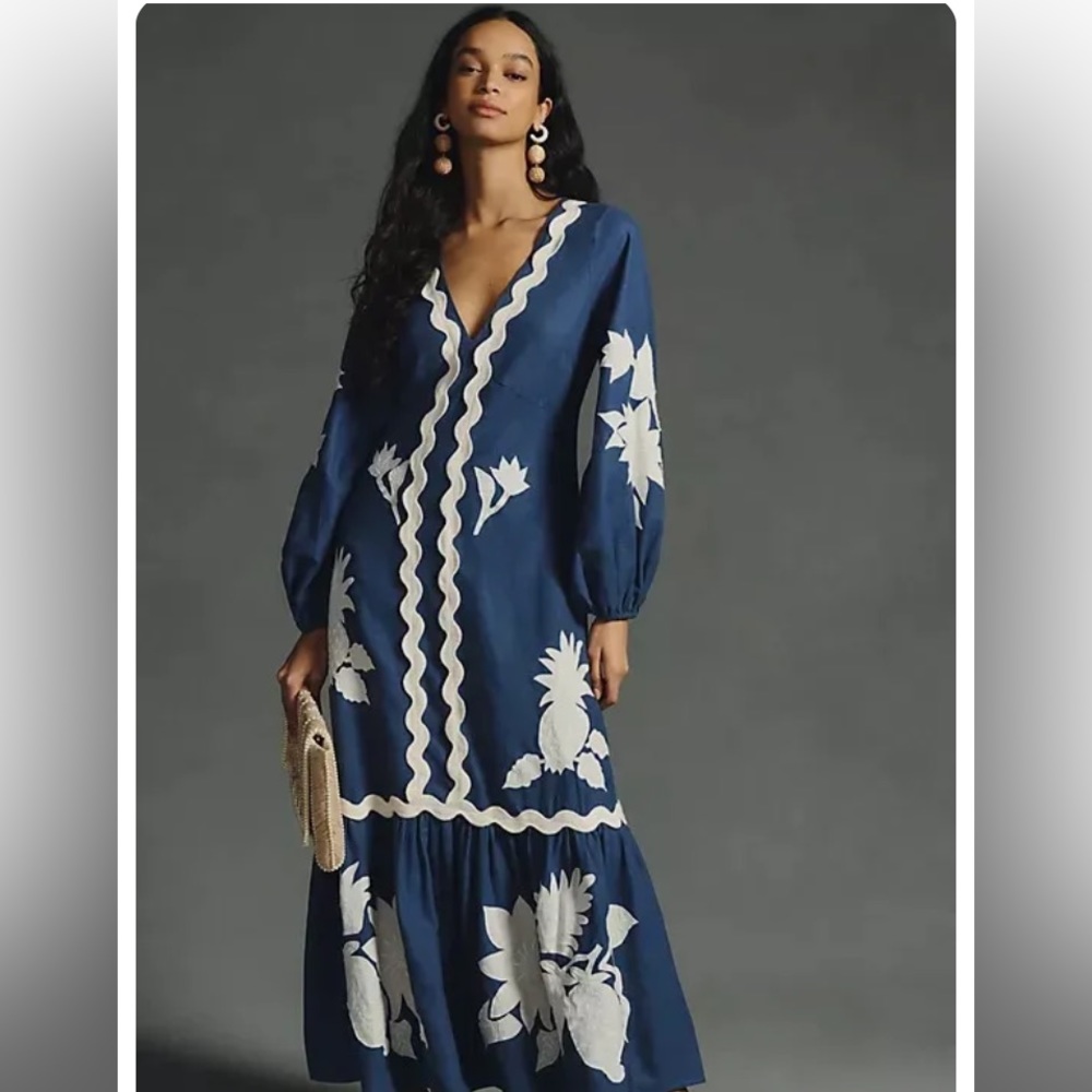 Farm Rio Anthropologie Blue Linen Long Sleeve Dress M